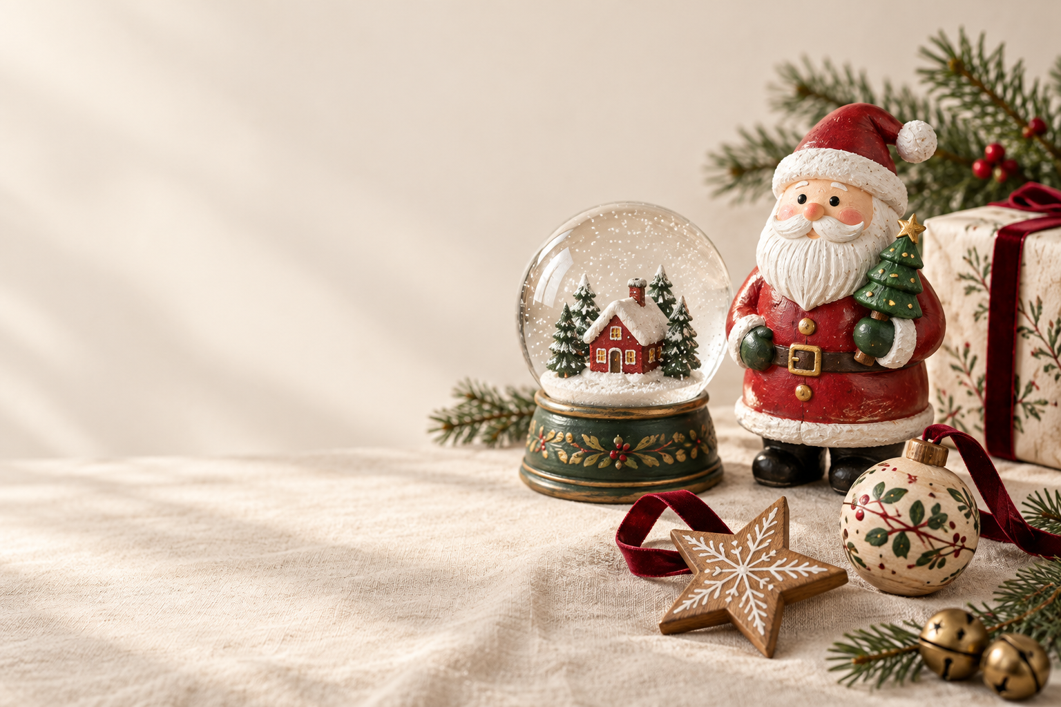 A handcrafted Christmas snow globe, Santa figure, ornaments and gifts, concept styling